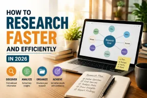 Researcher using AI tools, online databases, and digital research methods to conduct original research faster and more affordably in 2026