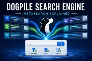 Dogpile search engine interface showing a metasearch approach that combines web results from multiple search providers