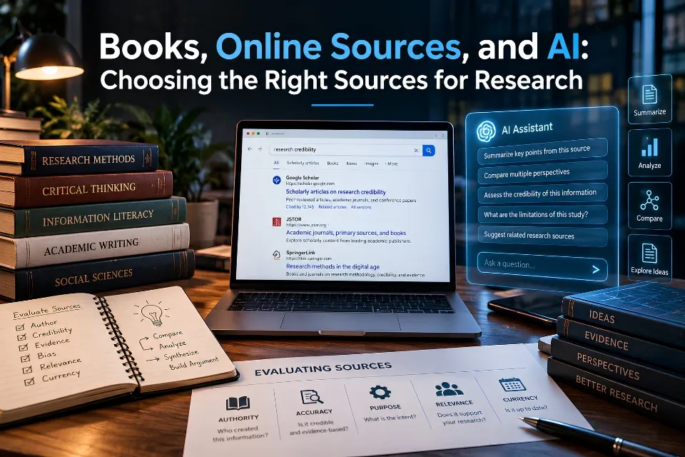 Books, online sources, academic databases, and AI research tools for choosing reliable research sources