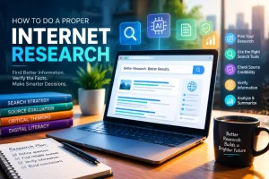 AI-powered internet research workflow showing search engines, artificial intelligence tools, information verification, and modern research methods