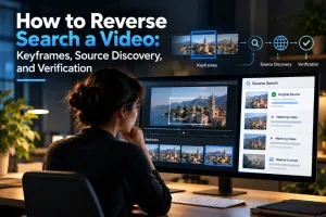 Researcher using keyframes and reverse image search to find and verify the source of an online video