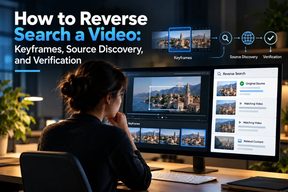 Researcher using keyframes and reverse image search to find and verify the source of an online video