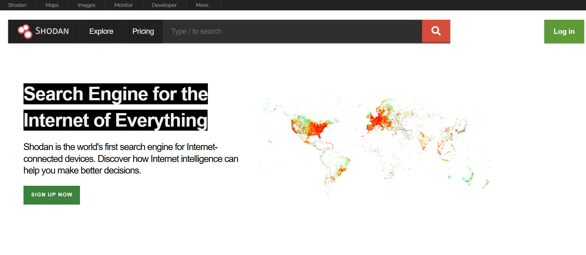 Shodan homepage showing its internet-connected device search engine