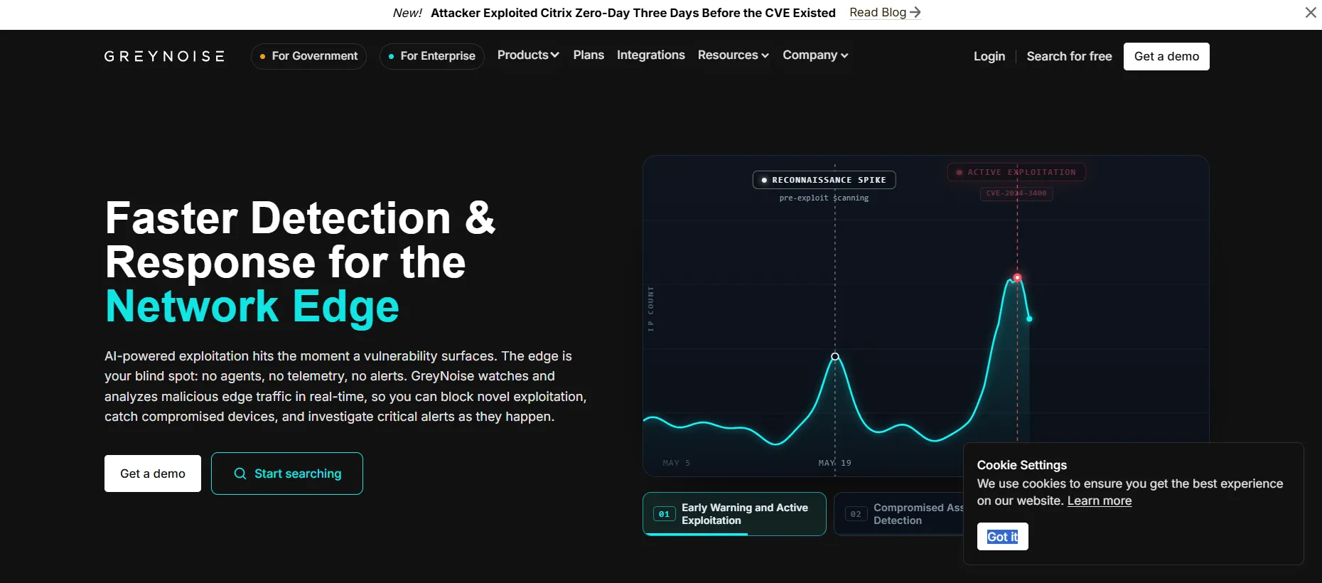 GreyNoise homepage showing network edge detection and response tools