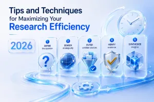 Modern research efficiency workflow showing AI-powered online research techniques, source verification, search strategies, and knowledge synthesis methods for 2026