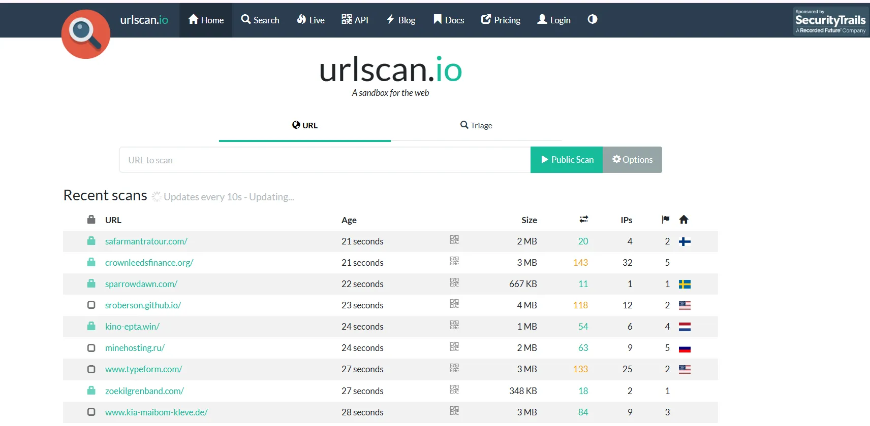 urlscan.io homepage screenshot