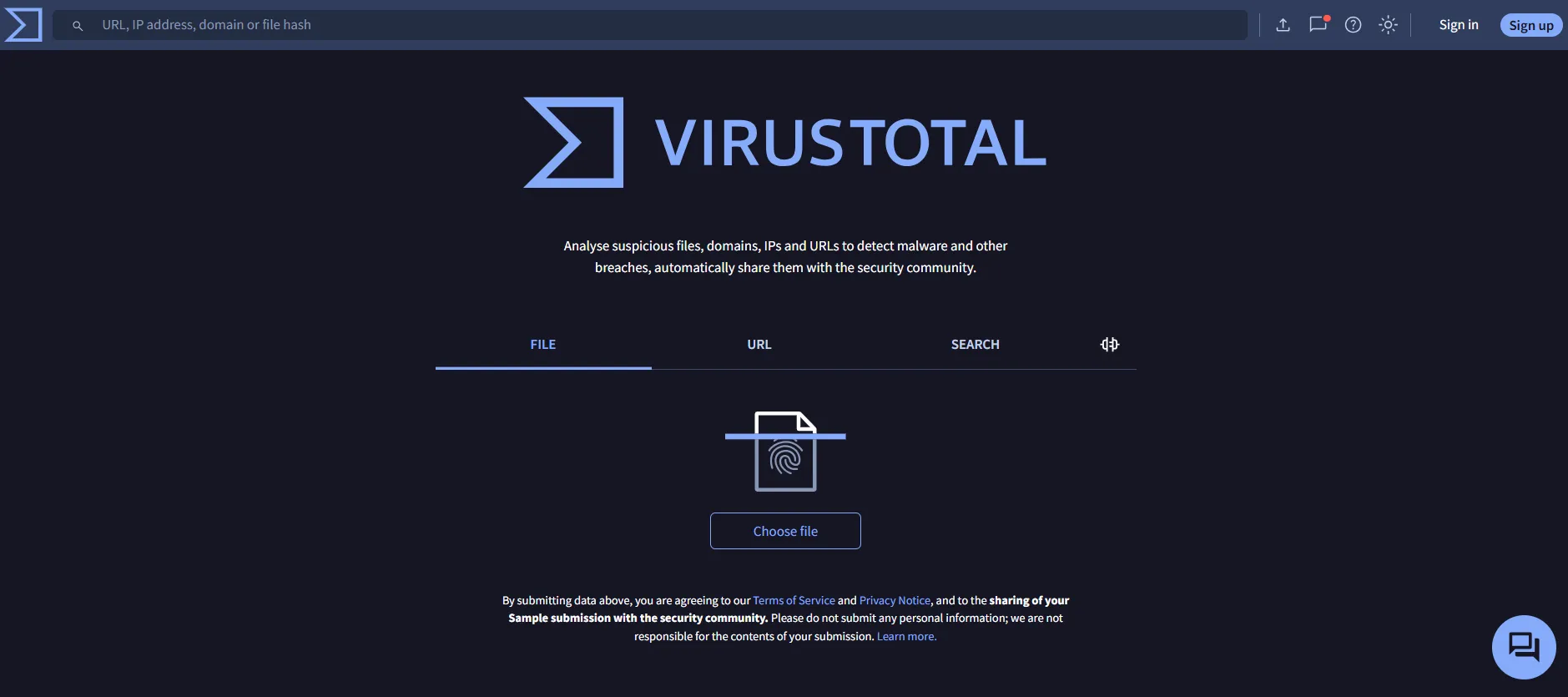 VirusTotal homepage screenshot