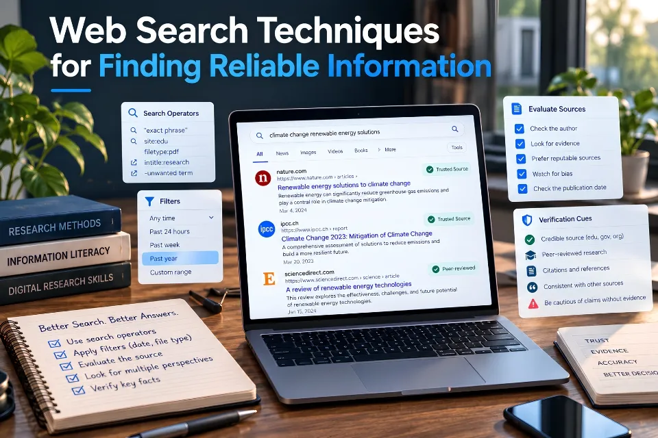 10 web search techniques for finding reliable information using search operators, primary sources, and AI verification