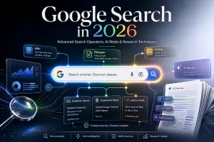 Google Search in 2026 research guide showing AI Mode, advanced search operators, and professional online research techniques