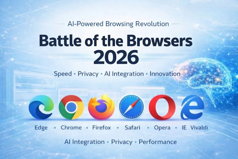 Best web browsers comparison 2026 showing Chrome Edge Firefox Safari Opera and Vivaldi performance privacy and speed features