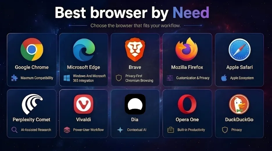 Chart matching user needs — compatibility, privacy, AI research, tab management, Apple ecosystem and gaming — to the recommended 2026 browser for each