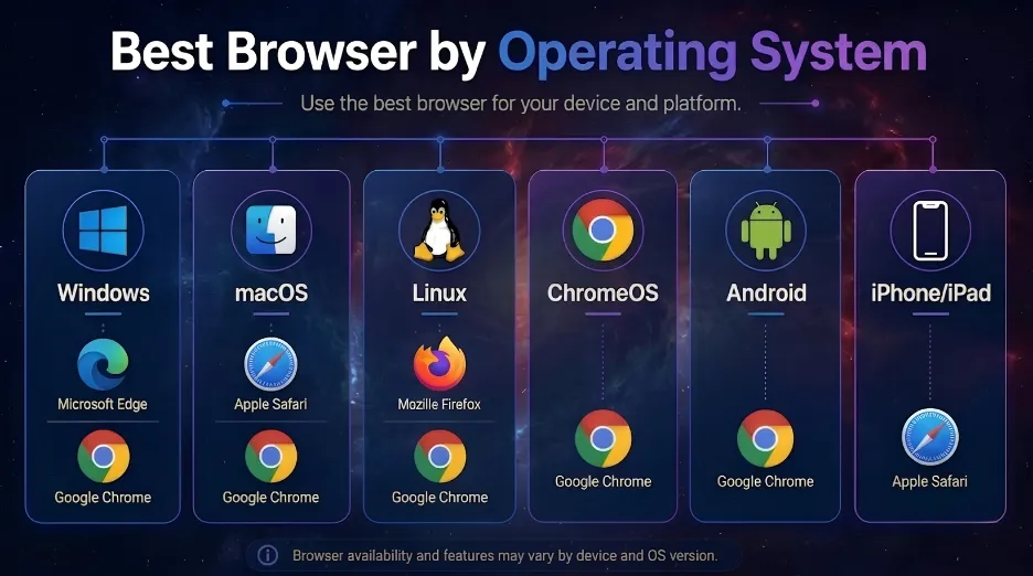 Table of recommended browsers by operating system for Windows, macOS, Linux, ChromeOS, Android and iOS in 2026