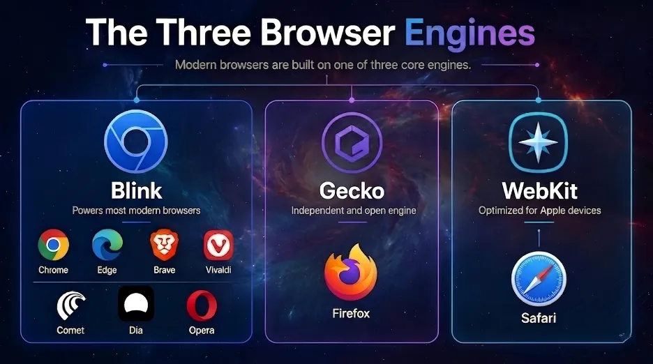 Diagram of the three major browser engines in 2026 — Blink, Gecko and WebKit — and which browsers use each