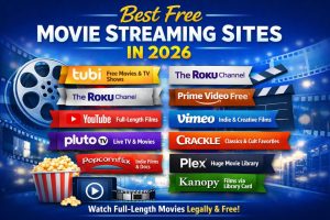 Best free movie streaming sites 2026 infographic showcasing platforms like Tubi, Roku, and YouTube for legal, ad-supported movie streaming.
