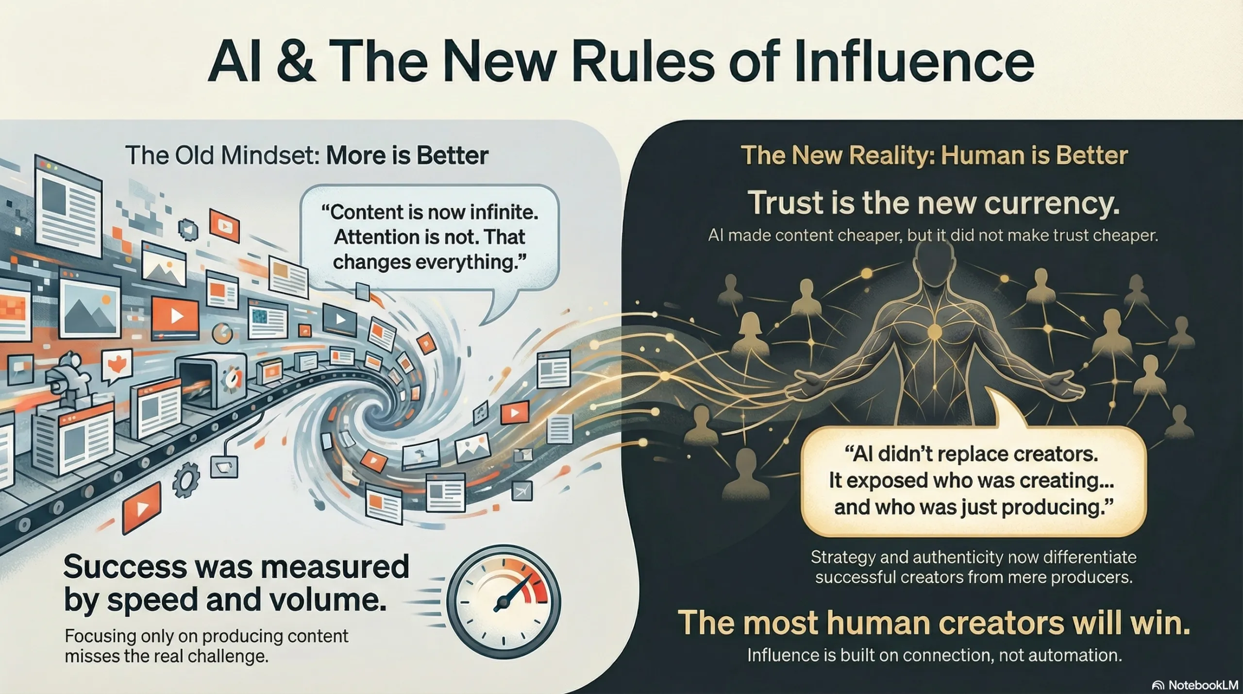 This research infographic explains how AI reshaped influence, shifting value from speed and volume to trust, authenticity, and human connection.