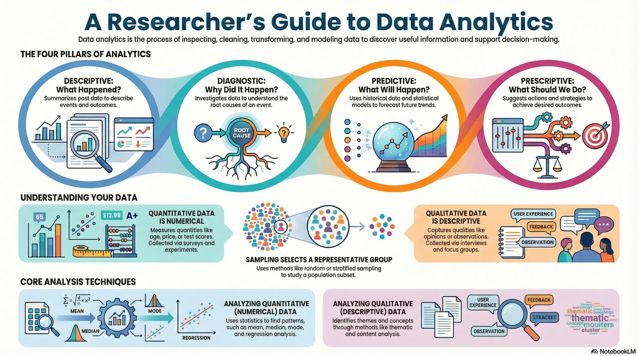 This research infographic explains the core concepts of data analysis, including the four pillars of analytics and quantitative versus qualitative data.