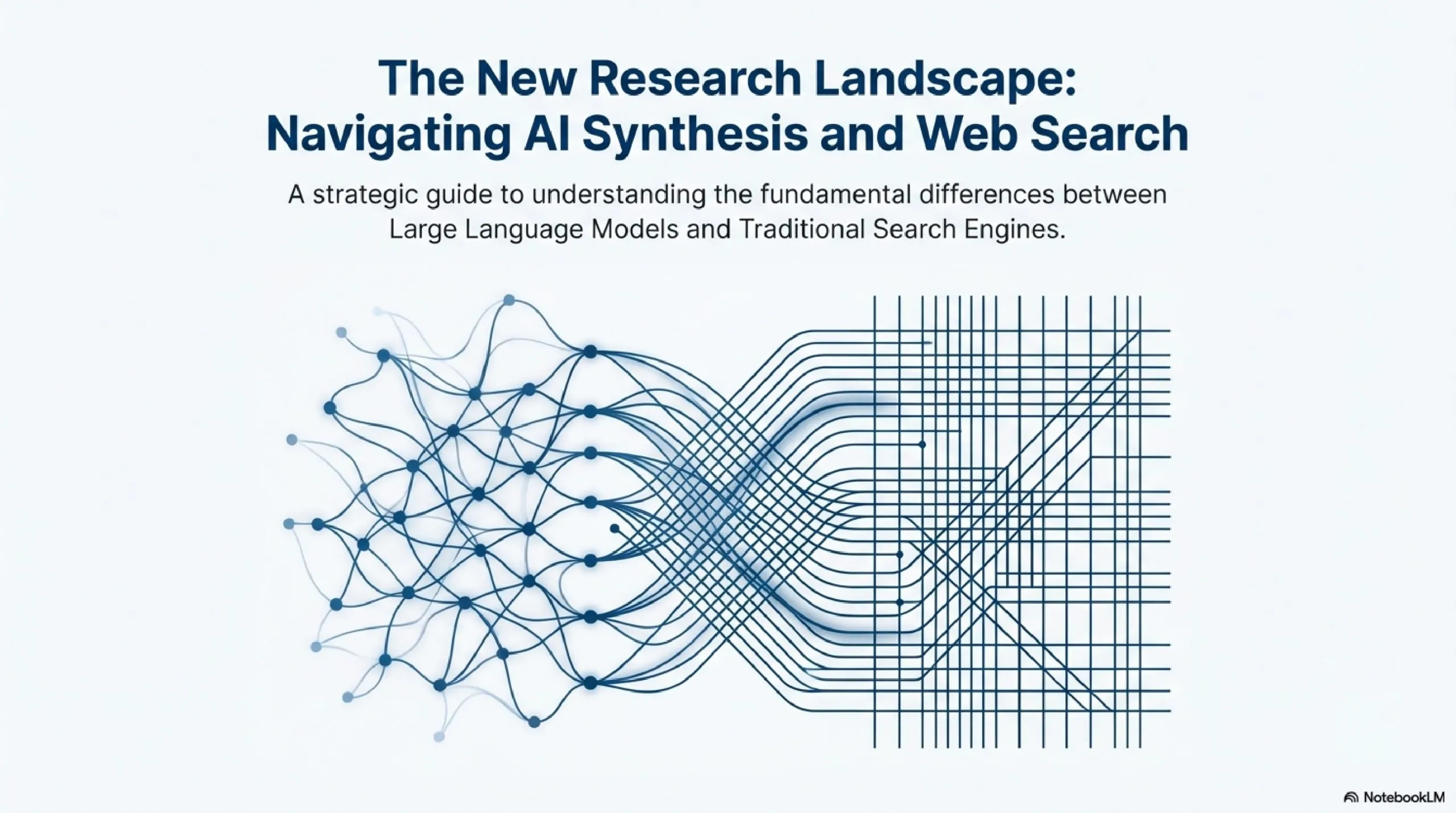 Infographic comparing AI synthesis with traditional web search and outlining a hybrid research approach
