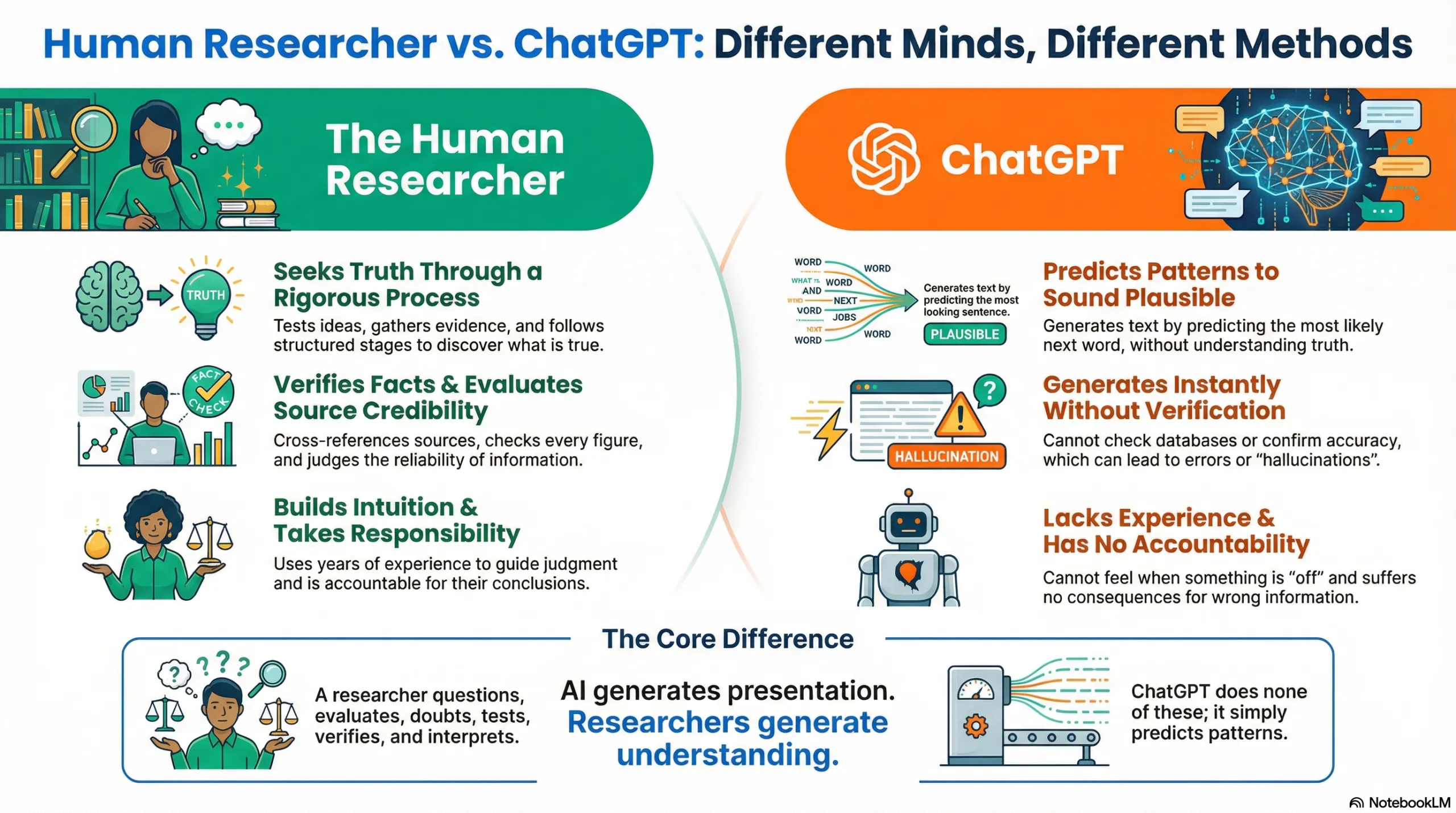 Infographic comparing a human researcher and ChatGPT, highlighting judgment, verification, and accountability differences