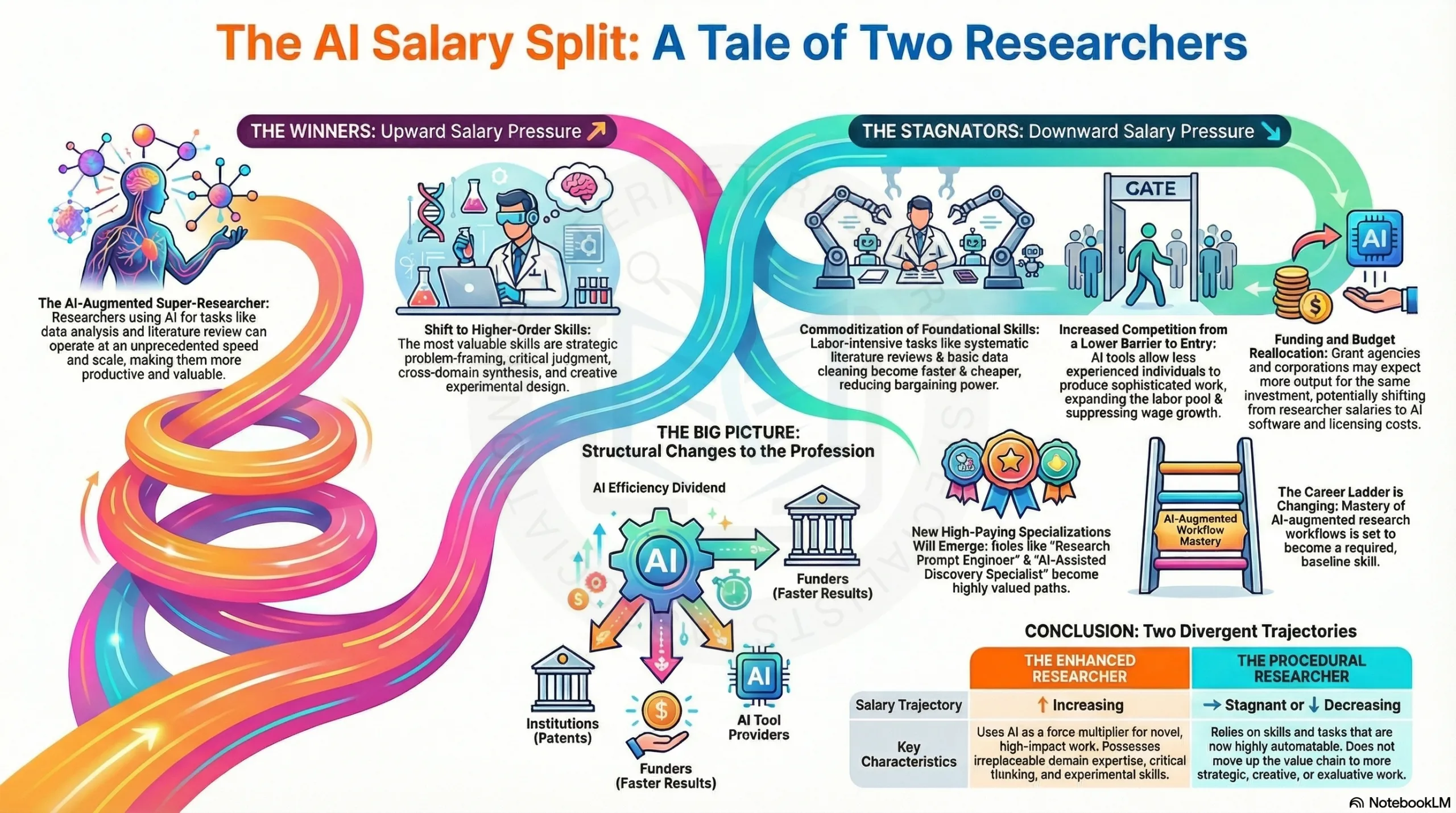 Infographic showing the AI salary split between AI-augmented researchers and procedural researchers