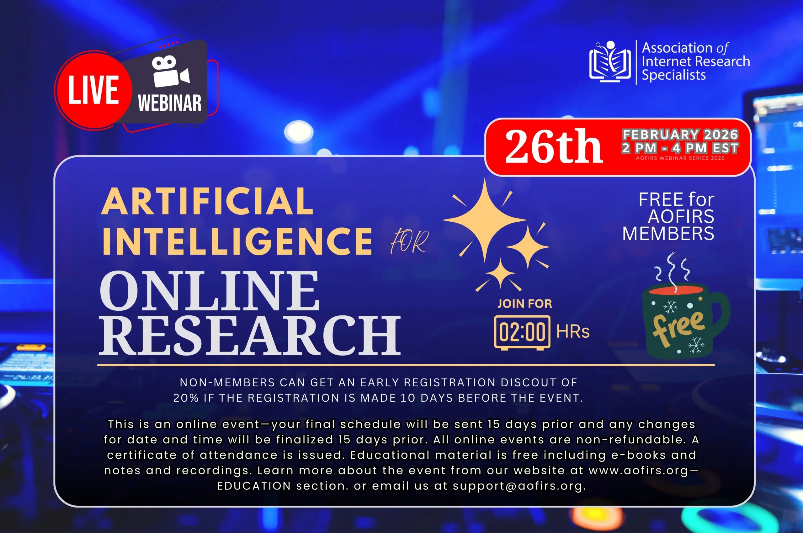 Promotional banner for AOFIRS live webinar "Artificial Intelligence for Online Research".