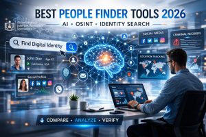 Image showcasing the top 15 people finder websites in 2026, highlighting both free and AI-powered tools for background checks, identity discovery, and OSINT.