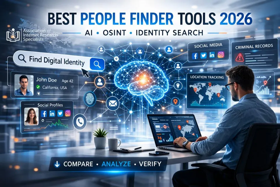 Image showcasing the top 15 people finder websites in 2026, highlighting both free and AI-powered tools for background checks, identity discovery, and OSINT.