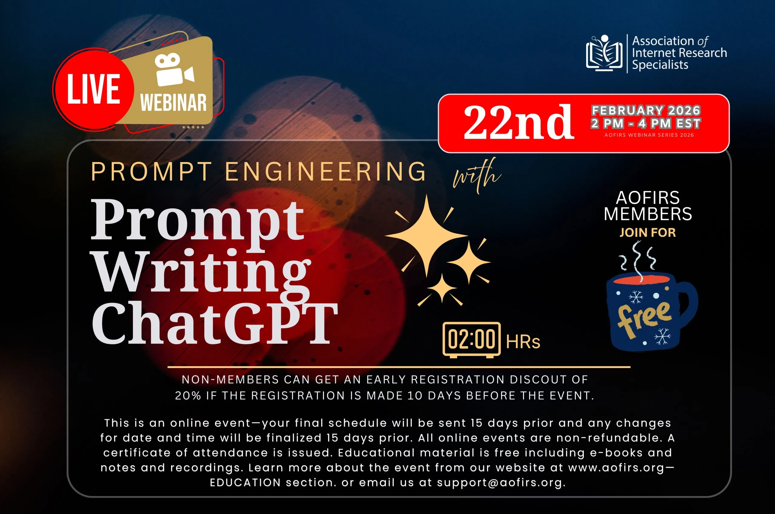 Promotional poster for a live webinar titled "Prompt Writing ChatGPT" by the Association of Internet Research Specialists (AOFIRS).