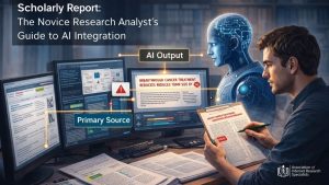 Novice research analyst verifying AI-generated output against primary sources using a human-in-the-loop validation process