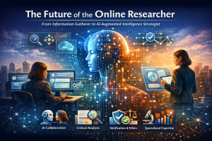 Illustration of an "Augmented Researcher" at a workstation, orchestrating multiple AI agents for data collection while focusing on strategic analysis, verification, and ethical insight.