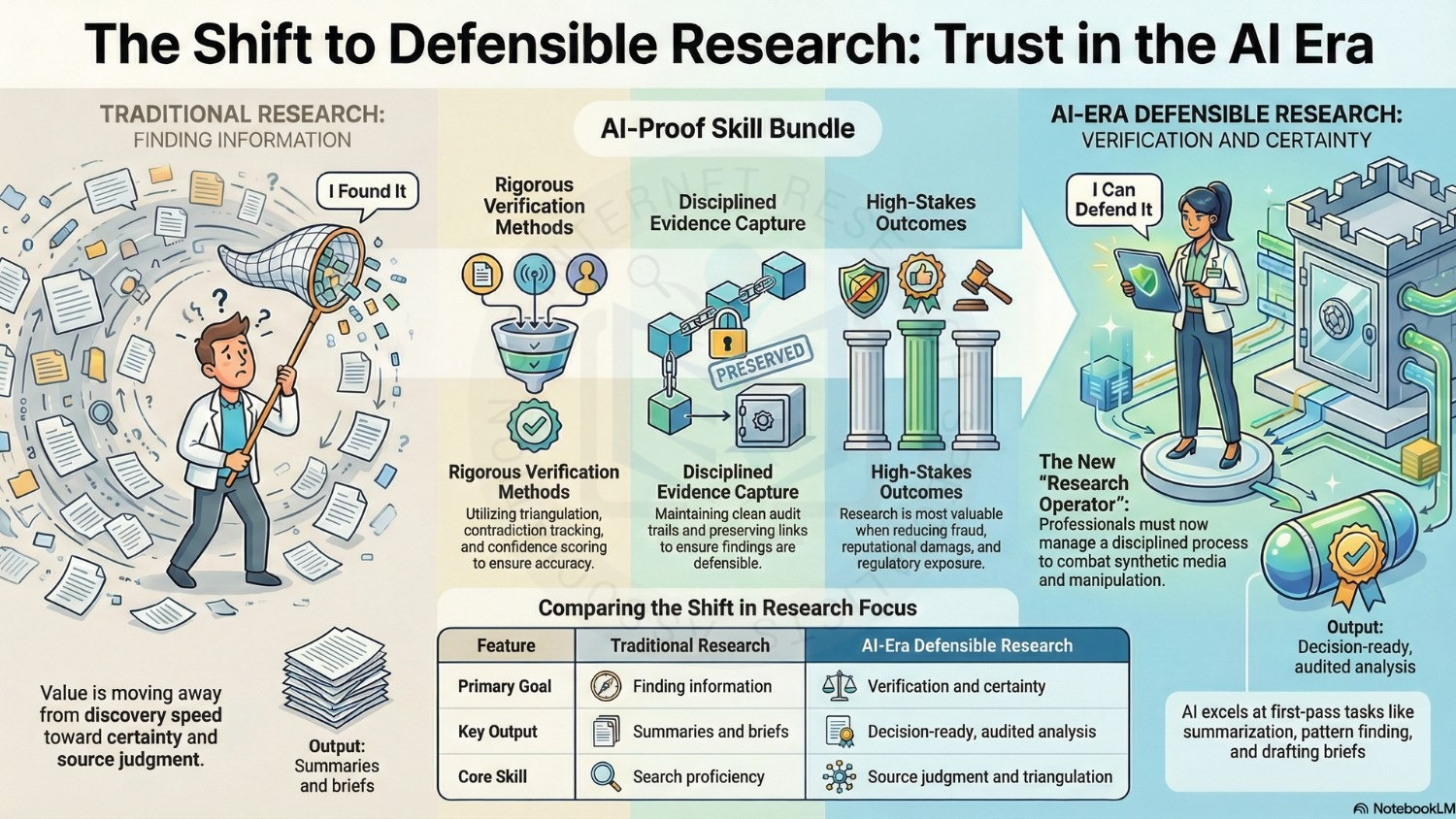 Research article titled 'Trust: The New Research Currency,' illustrating a professional verifying data amidst a digital storm of AI-generated content, synthetic media, and information overload