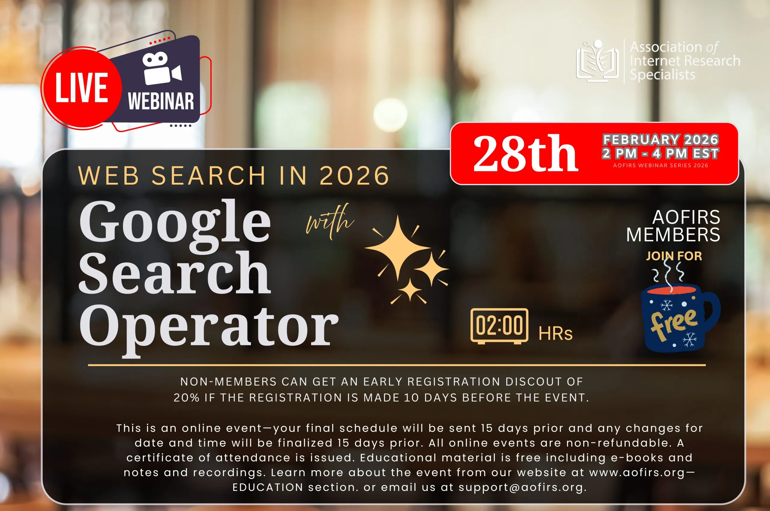 Promotional banner for AOFIRS live webinar "Web Search in 2026 with Google Search Operator".