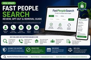 Fast People Search 2026 review infographic showing people search features, reverse phone lookup, address search, data accuracy ratings, privacy risks, and step-by-step opt-out instructions.