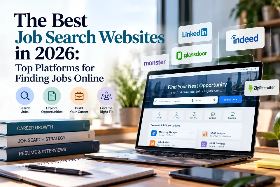 Laptop displaying a job search dashboard beside career books and job platform logos