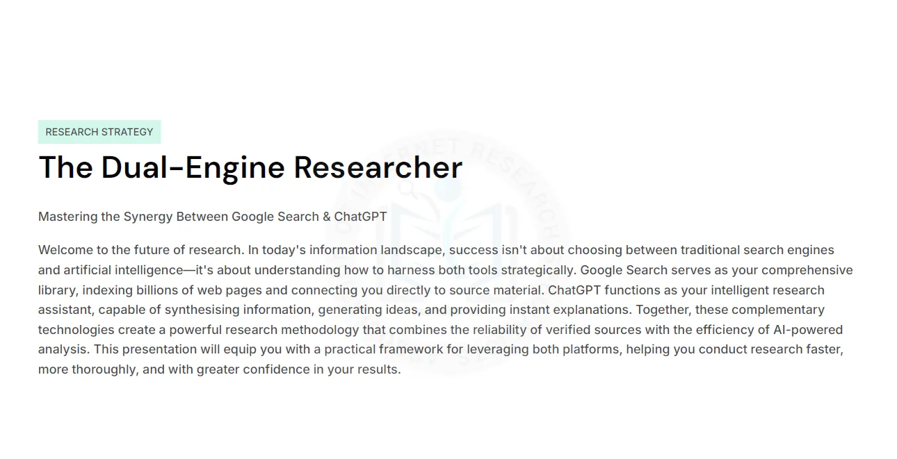 The Dual-Engine Researcher infographic: Google Search as the source library and ChatGPT as the research assistant in a hybrid verification workflow