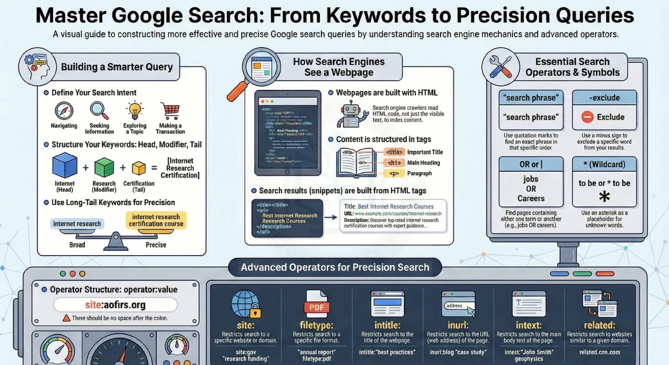 Infographic: Master Google Search from keywords to precision queries, showing search intent, head-modifier-tail keywords, HTML snippets, Boolean symbols and the site, filetype, intitle, inurl, intext and related operators