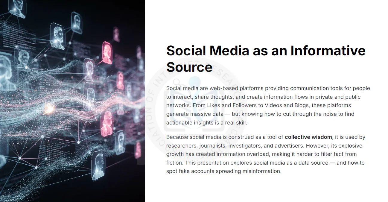 Social Media as an Informative Source infographic: Facebook and LinkedIn data attributes, search operators, hashtag analysis and fake account detection
