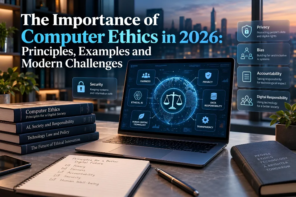 Computer ethics illustration showing privacy, security, fairness and accountability around a laptop