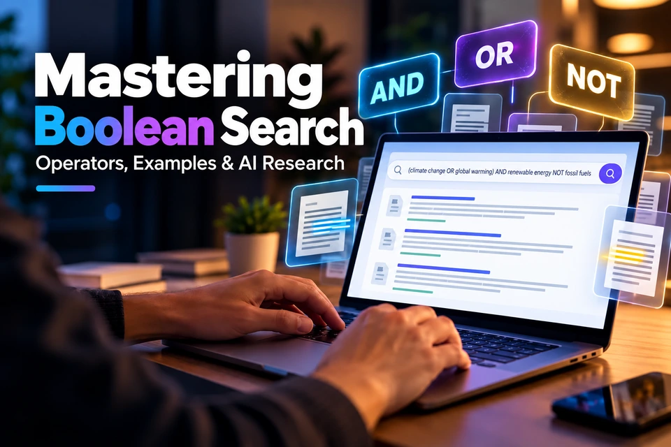 Researcher using a laptop with document search results and colorful AND, OR, and NOT operator cards.