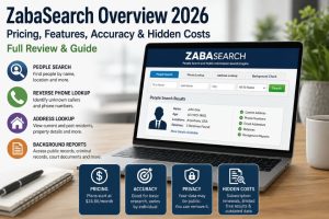ZabaSearch Overview 2026 infographic showing pricing, features, search accuracy, privacy concerns, background reports, reverse phone lookup, and hidden subscription costs