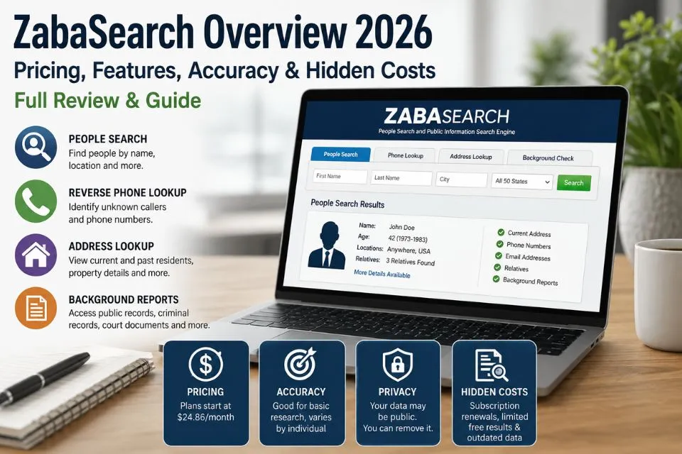 ZabaSearch Overview 2026 infographic showing pricing, features, search accuracy, privacy concerns, background reports, reverse phone lookup, and hidden subscription costs