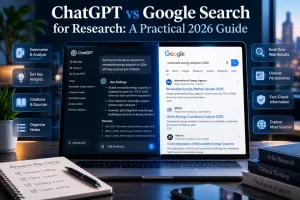 ChatGPT vs Google Search for research in 2026, comparing AI-assisted research and traditional web search.