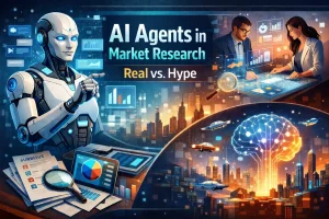 A humanoid AI robot analyzes market data on a holographic screen while two professionals collaborate on a digital interface; a glowing AI brain hovers over a futuristic city with flying cars.