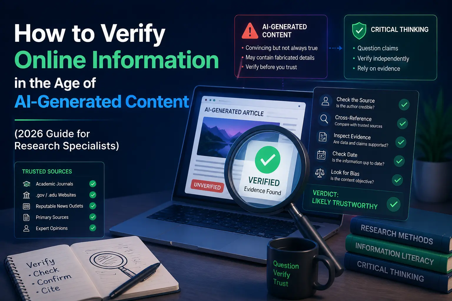 How to Verify Online Information in the Age of AI-Generated Content (2026 Guide for Research Specialists) A digital illustration showing a laptop with an AI-generated article, a magnifying glass, and a checklist for verifying online information.