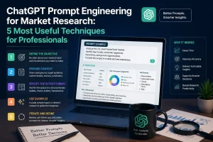 A digital illustration of a laptop with a ChatGPT prompt example for market research, showcasing 5 key techniques.
