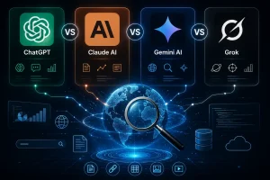 Comparison of AI chatbots: ChatGPT, Claude AI, Gemini AI, and Grok, with conceptual icons, connected to global data networks and analytics visuals.