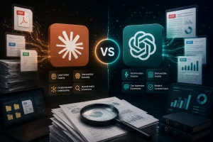 Comparison of two AI platforms analyzing various document types like PDF, TXT, CSV, DOCX, and XLSX, highlighting their capabilities in data extraction and analysis.