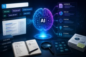 Illustration of AI-assisted research workflow with a digital brain at the center, surrounded by search queries, documents, and data visualization icons.
