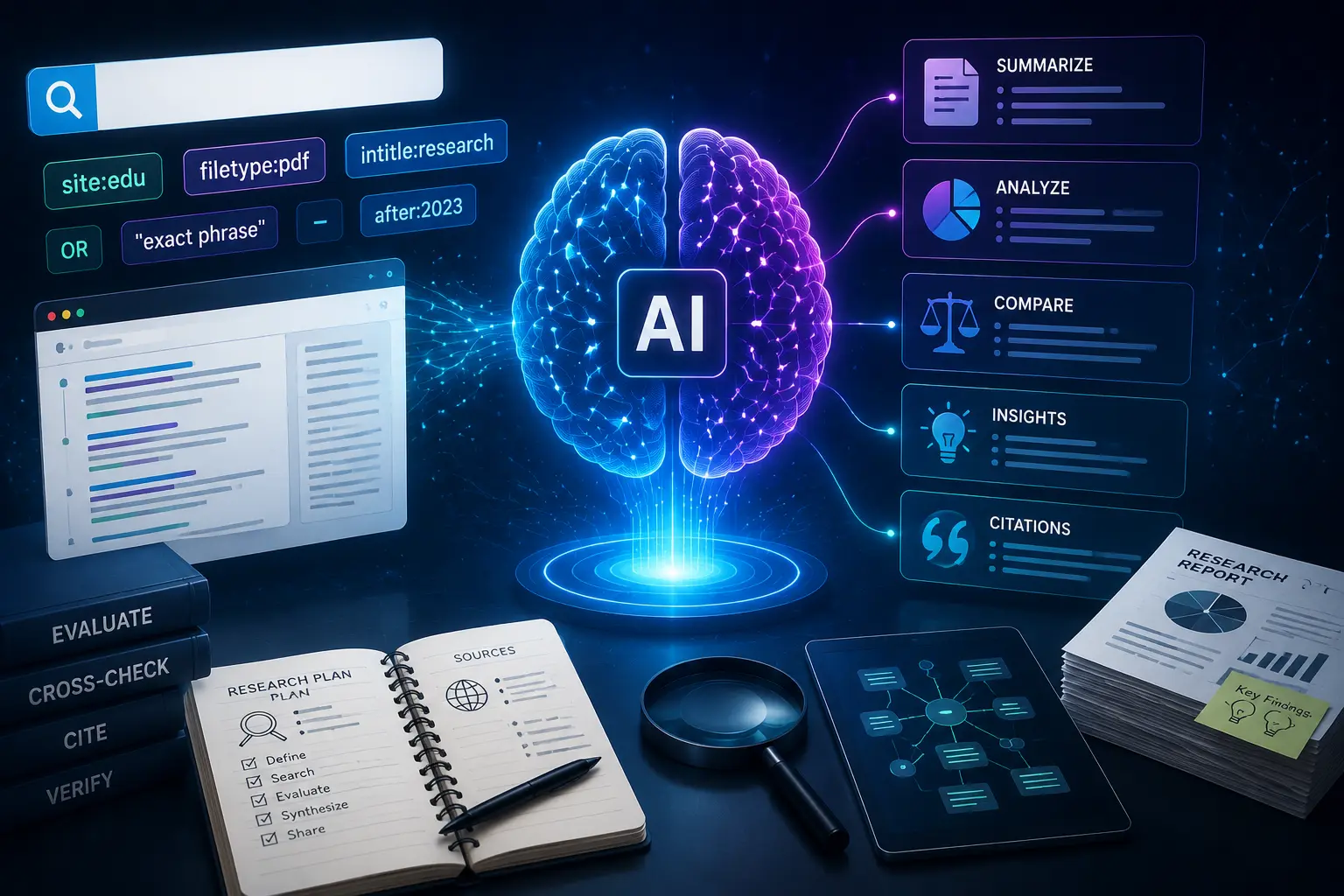 Illustration of AI-assisted research workflow with a digital brain at the center, surrounded by search queries, documents, and data visualization icons.