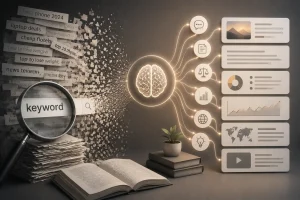 Concept of AI-powered keyword research with a digital brain analyzing search terms, charts, and global data.