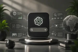 OpenAI logo on a black cube with floating AI data icons and a digital globe.